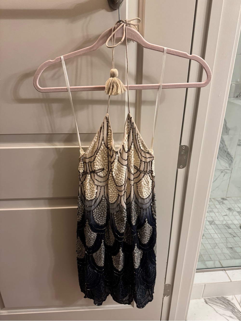 NBD Cream to Black Beaded Ombre Mini Dress